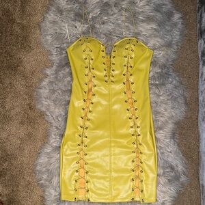 Fashion Nova Strapless Yellow Dress with Lace-Up Detail